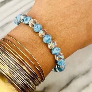 Semiprecious Stone Art Glass Beaded Bracelet Blue Clear‎ AB Faceted Beads